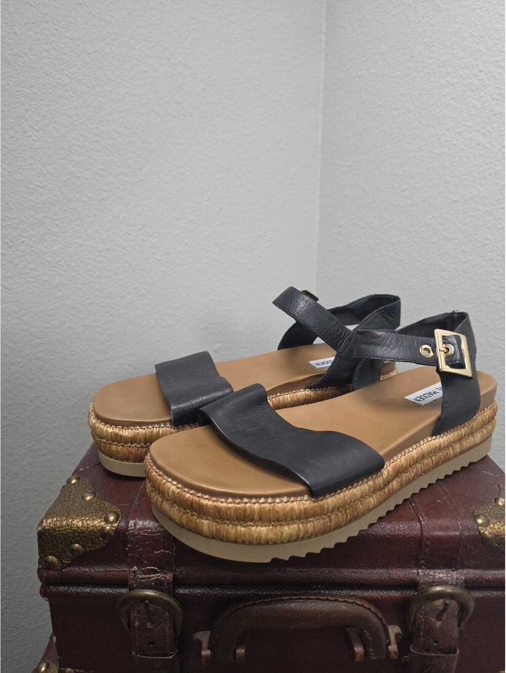 Steve Madan Womens Size 8 Strappy Sandal Black Leather Open Toe